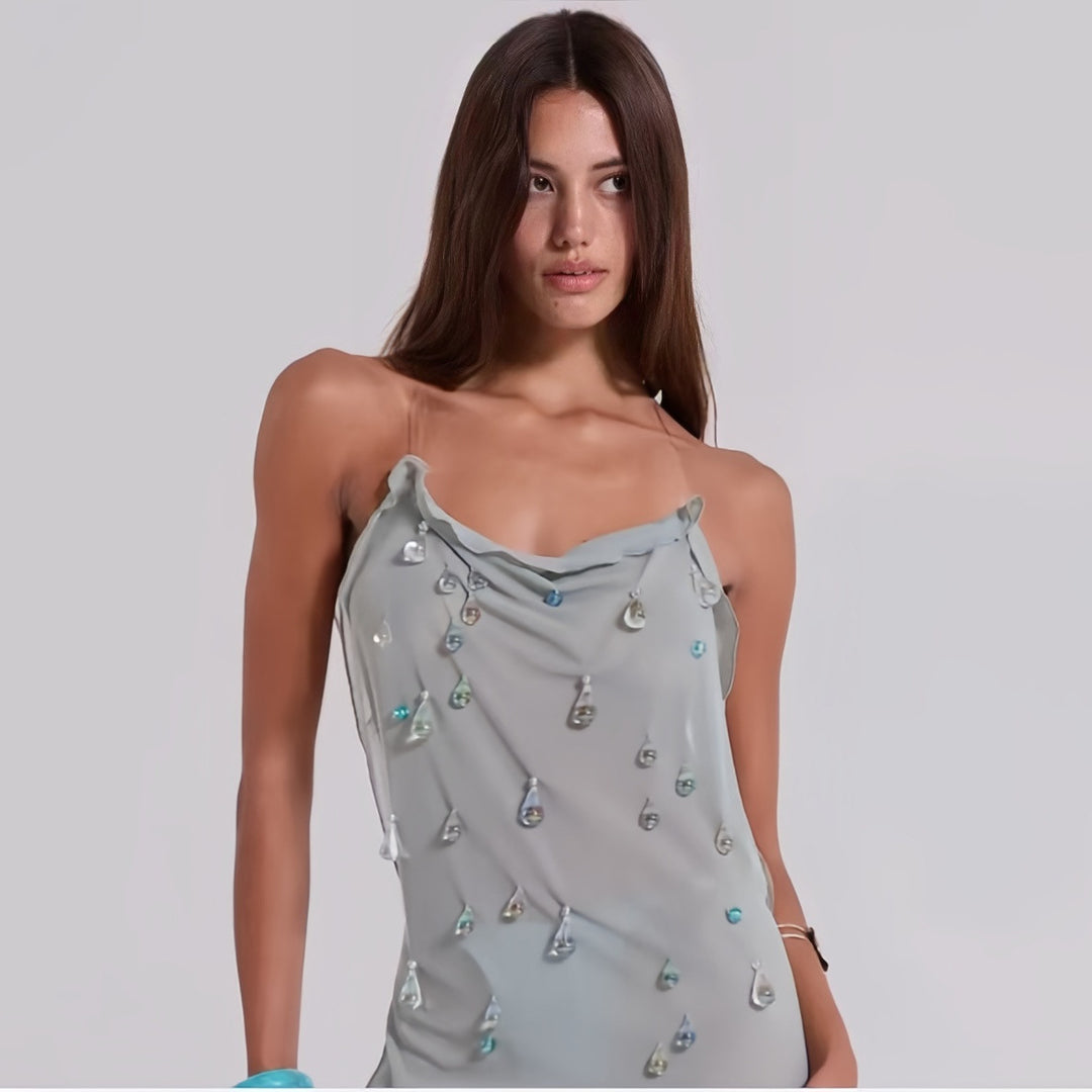 Ladies Elegant Mini Dress with Sophisticated Cascading Neckline and Sparkling Jewelry Details Lune London