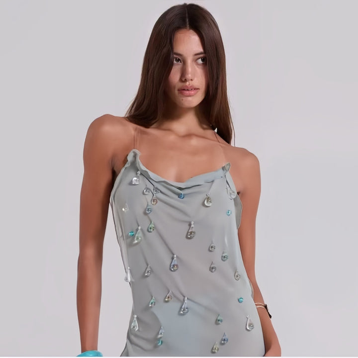 Ladies Elegant Mini Dress with Sophisticated Cascading Neckline and Sparkling Jewelry Details Lune London