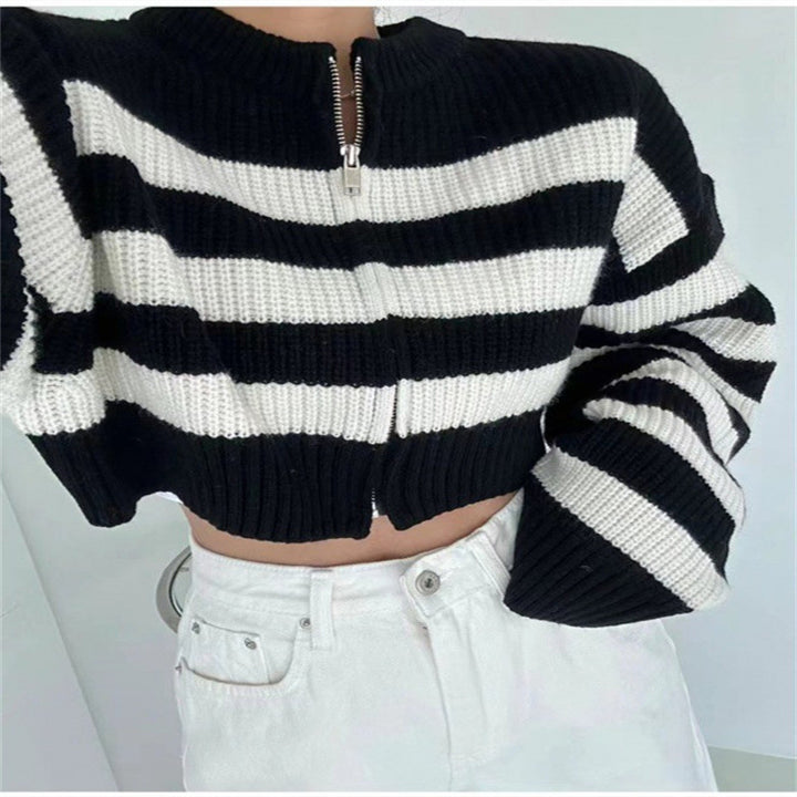 Ladies knitted jacket with high collar and wide stripes Lune London