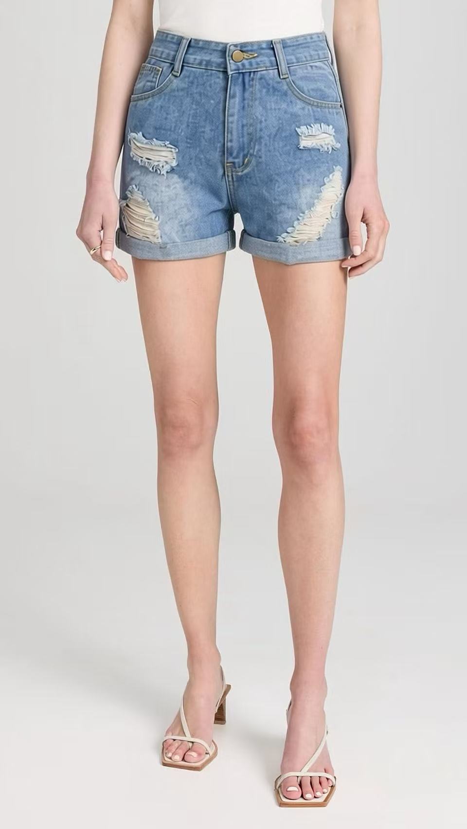 Women's destroyed denim shorts with high waist and stylish frayed look Lune London