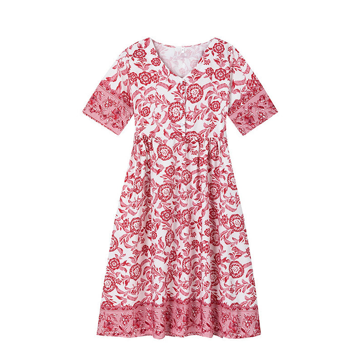 Flared dress with floral patterns for women with pleated waist Lune London