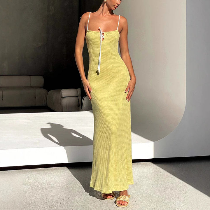 Maxi dress for women with a delicate ribbed design and an adjustable neckline Lune London