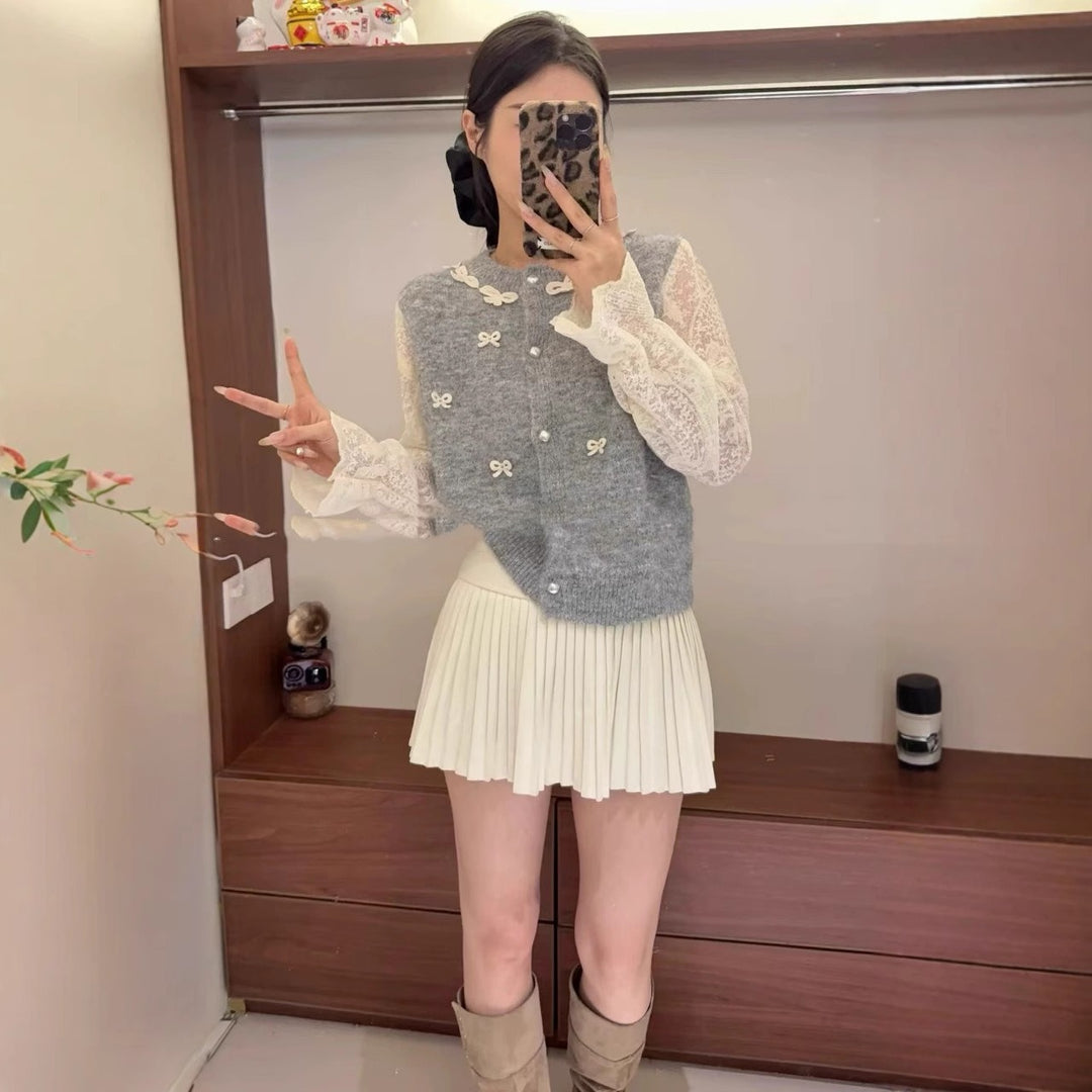 Women's knitted jacket with elegant lace details and a bow Lune London