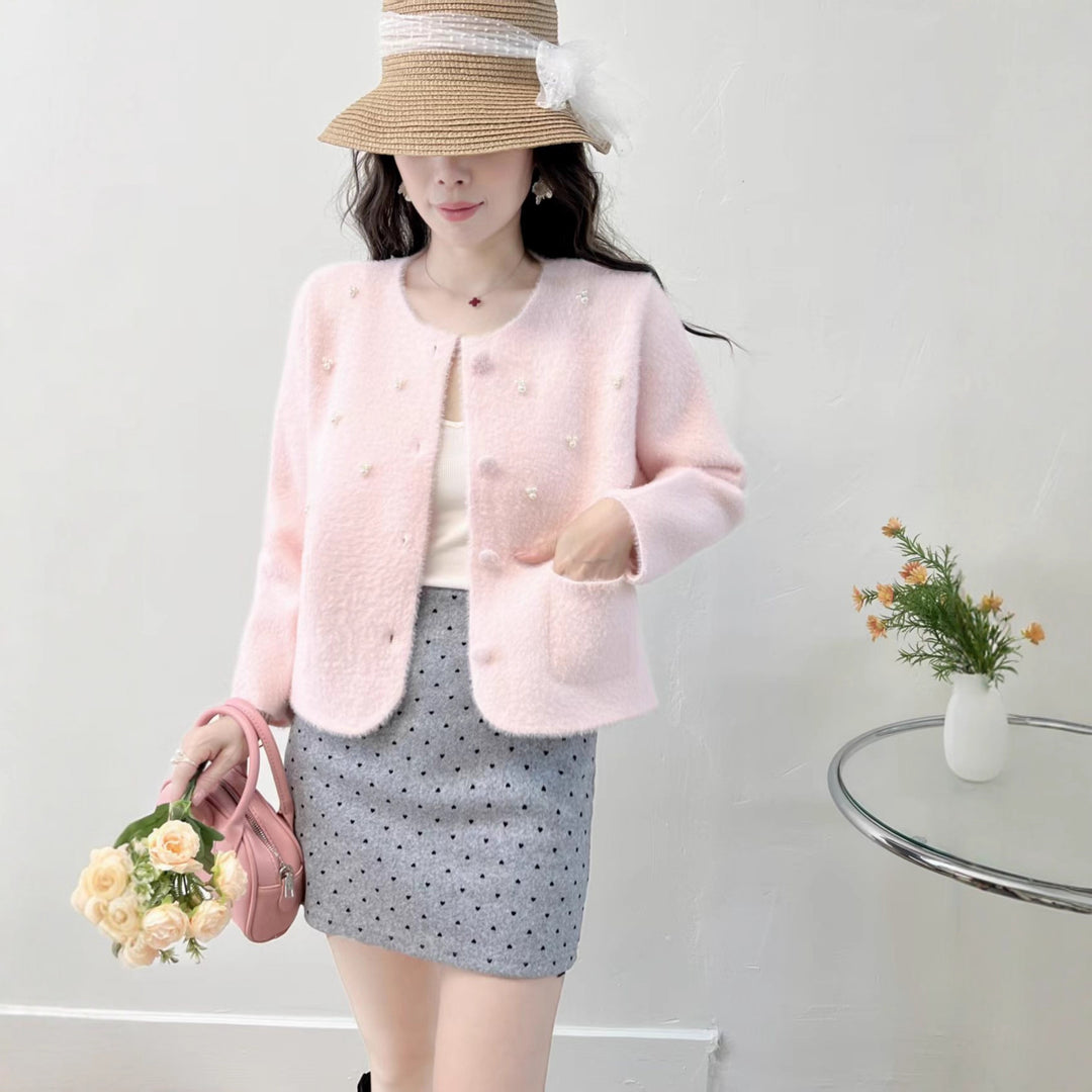 Cardigan confortable pour femmes avec décoration en perles et col rond classique Chic & Stil