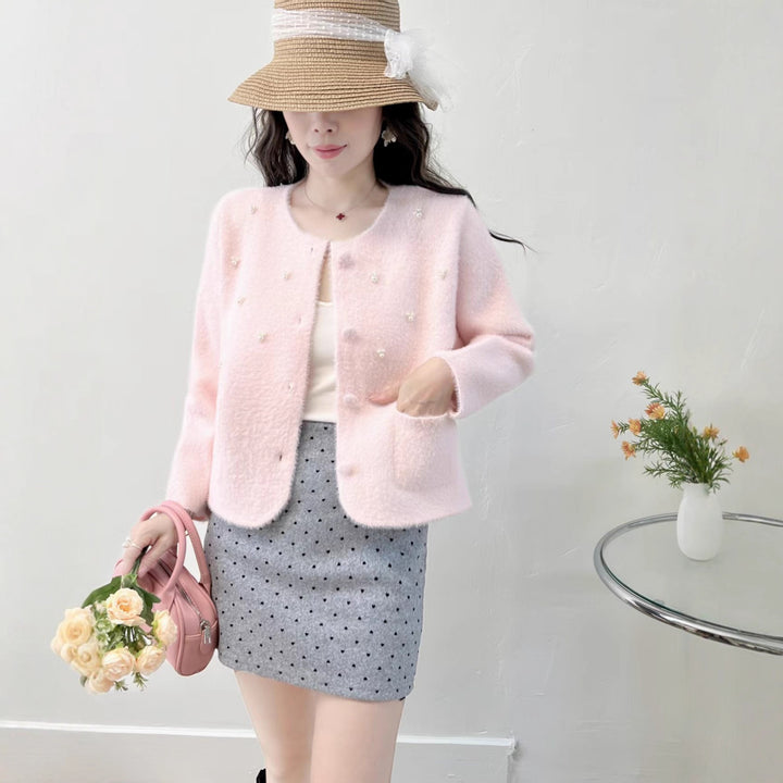 Cardigan confortable pour femmes avec décoration en perles et col rond classique Chic & Stil