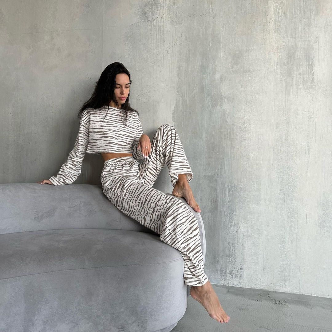 Lune London women's casual cropped top and jogger set with animal pattern