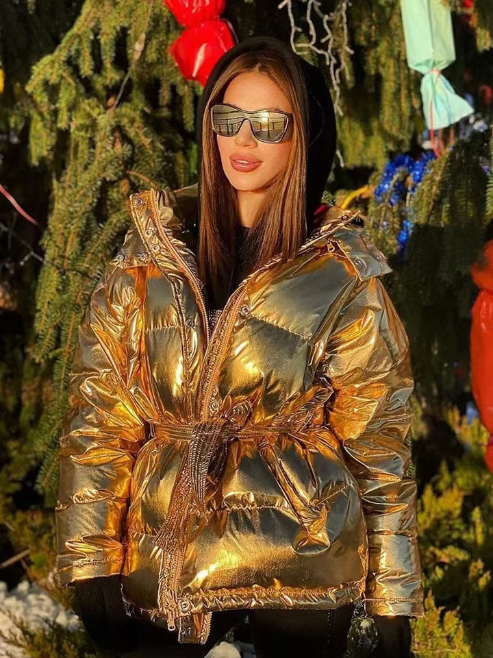 Ladies Shiny Winter Coat with Oversized Fit and Hood Lune London