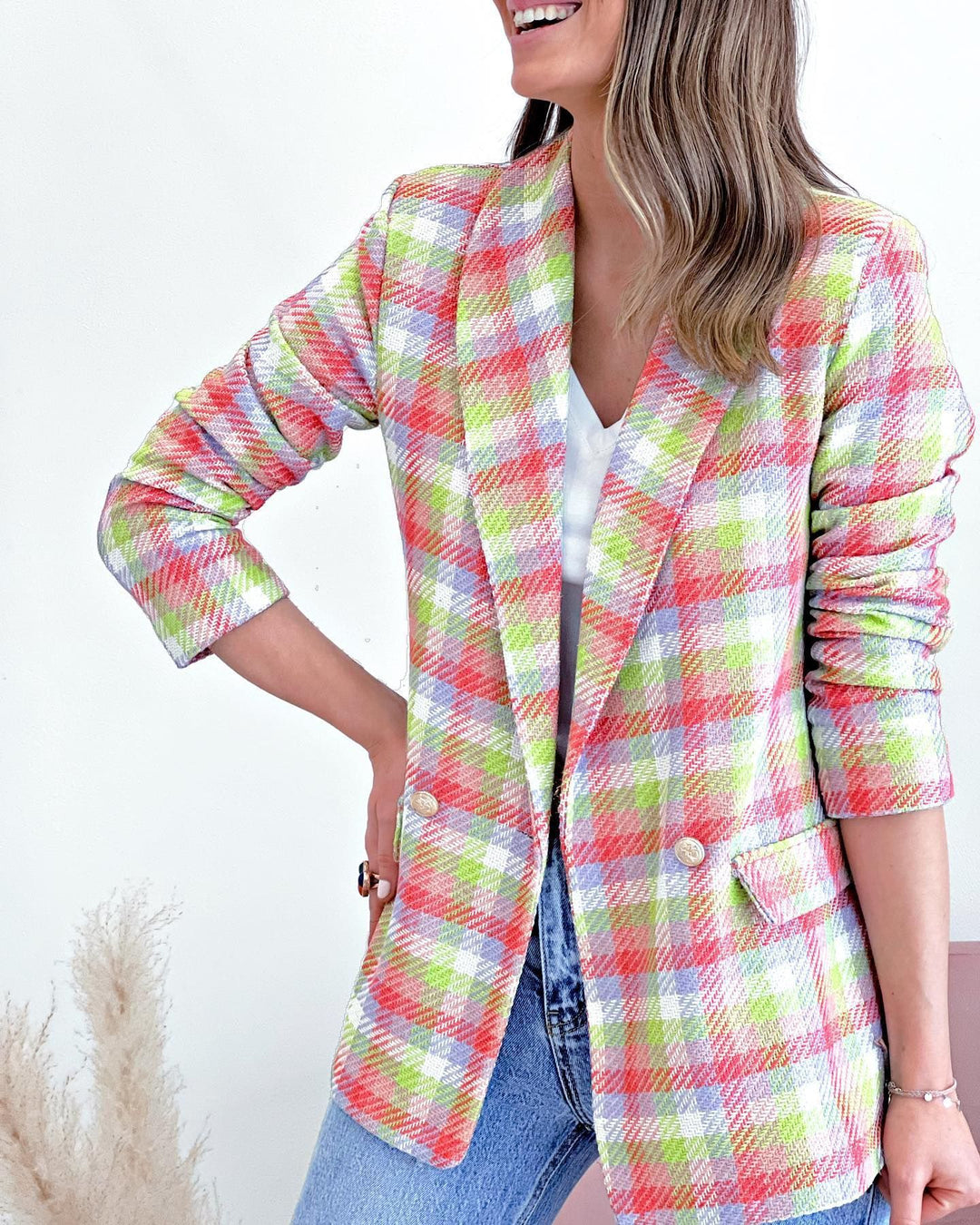Women Elegant Checkered Jacket with Double Button Pockets Lune London