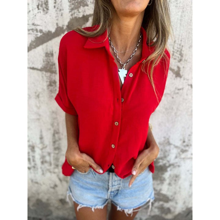 Casual short-sleeve blouse for women with button details and roll neck Lune London