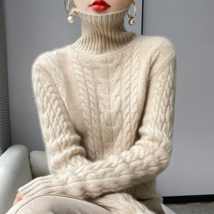 Chunky knit sweater for women with high collar and structured cable pattern Lune London