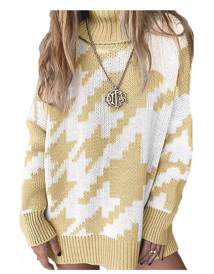 Thick knit sweater for women with a high collar and modern geometric pattern Lune London