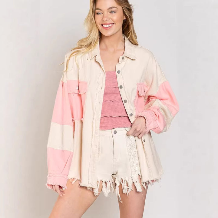 Women's Oversized Denim Jacket with Unique Color Blocks and Fringed Details Lune London