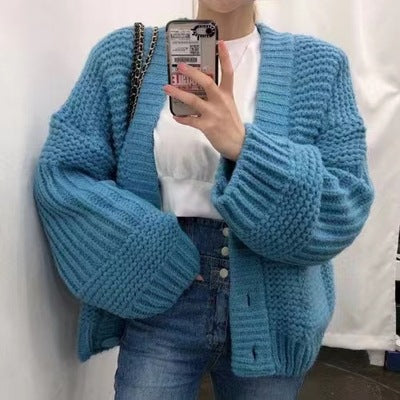 Knit jacket for women with deep V-neckline and large button details Lune London