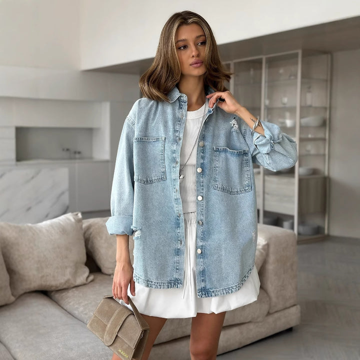 Women's denim jacket with a relaxed oversized fit and distressed details Lune London