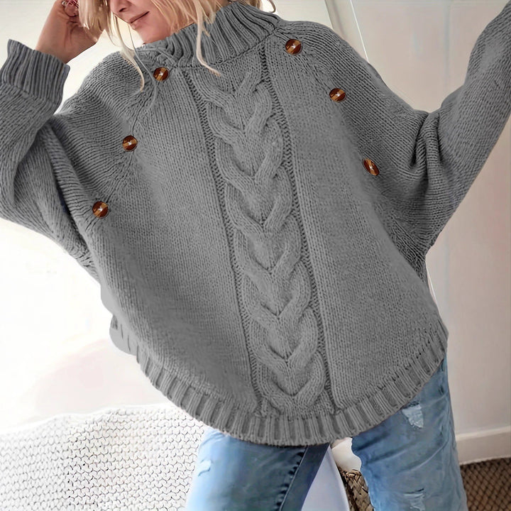 Ladies chunky knit sweater with high collar and button details Lune London