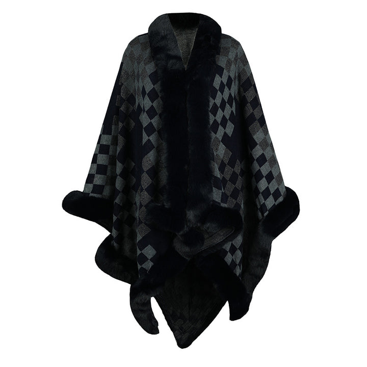 Elegant knitted poncho for women with luxurious faux fur insert and geometric pattern Lune London
