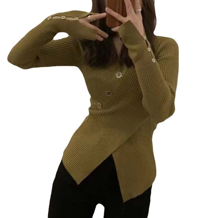 Women's knitted jacket with asymmetrical cut and decorative buttons Lune London