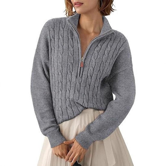 Chunky knit sweater for women with high collar and half-zip Lune London