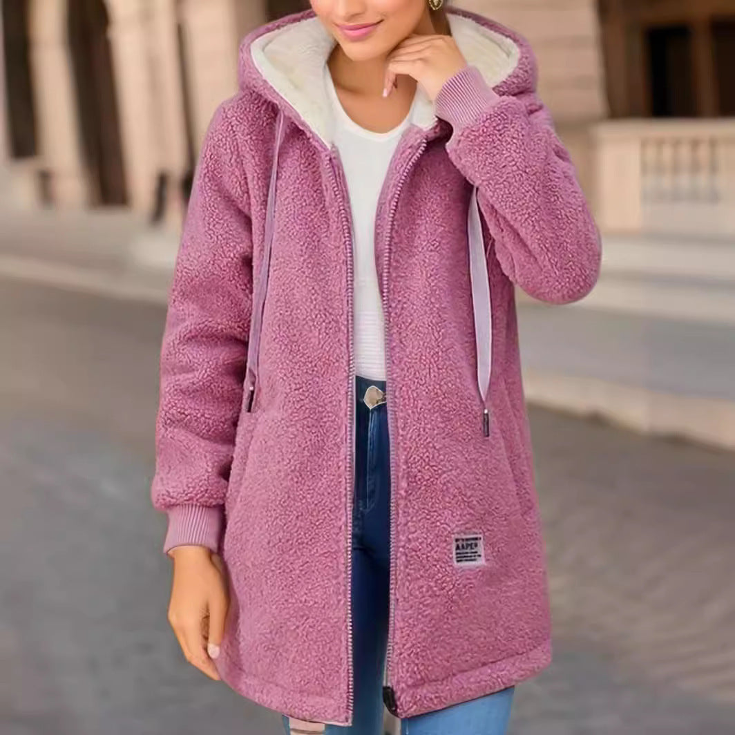 Lady Casual Teddy Jacket with Hood and Practical Pockets Lune London