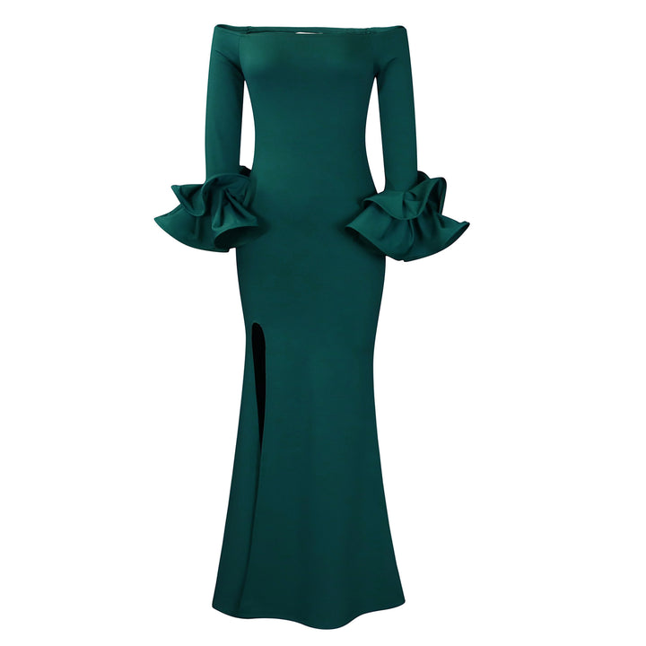 Elegant evening dress for ladies with dramatic ruffles and a side slit Lune London
