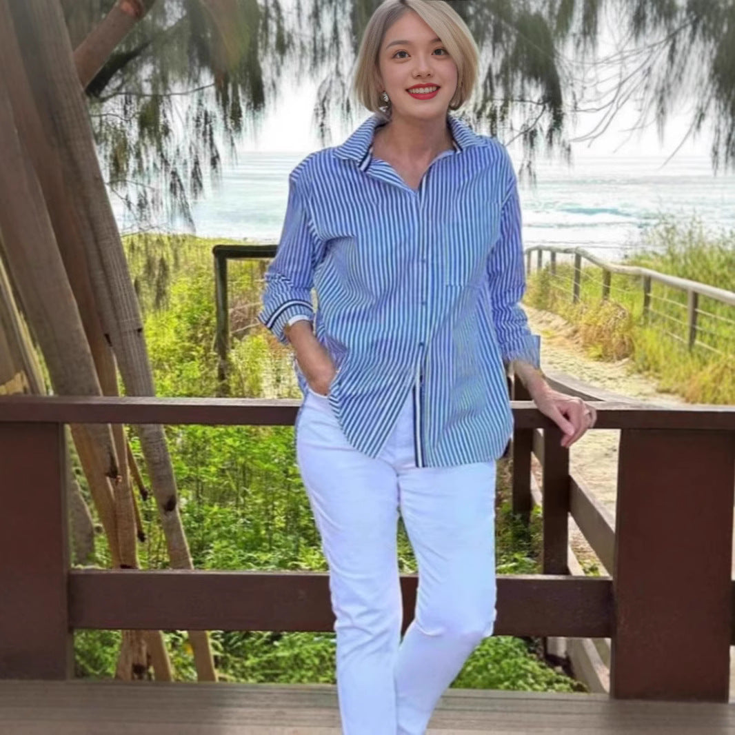 Striped long sleeve blouse for women with hidden button placket and loose fit Lune London