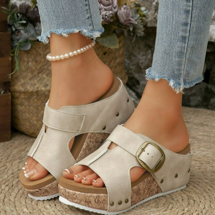 Comfortable wedge sandals for women with adjustable strap and cork sole Lune London