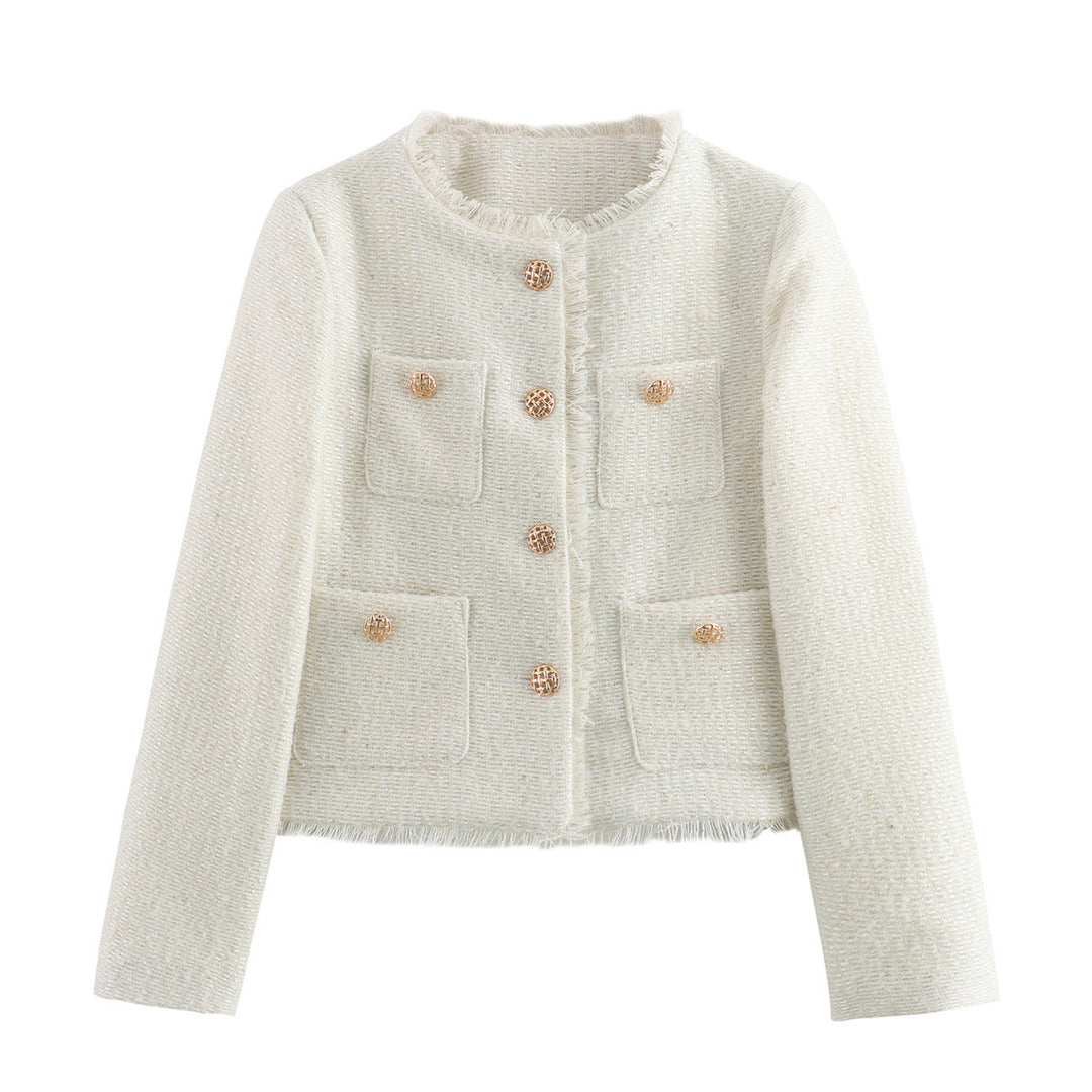 Elegant women's blazer cropped with textured fabric and gold button details Lune London