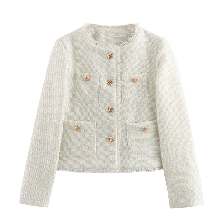 Elegant women's blazer cropped with textured fabric and gold button details Lune London
