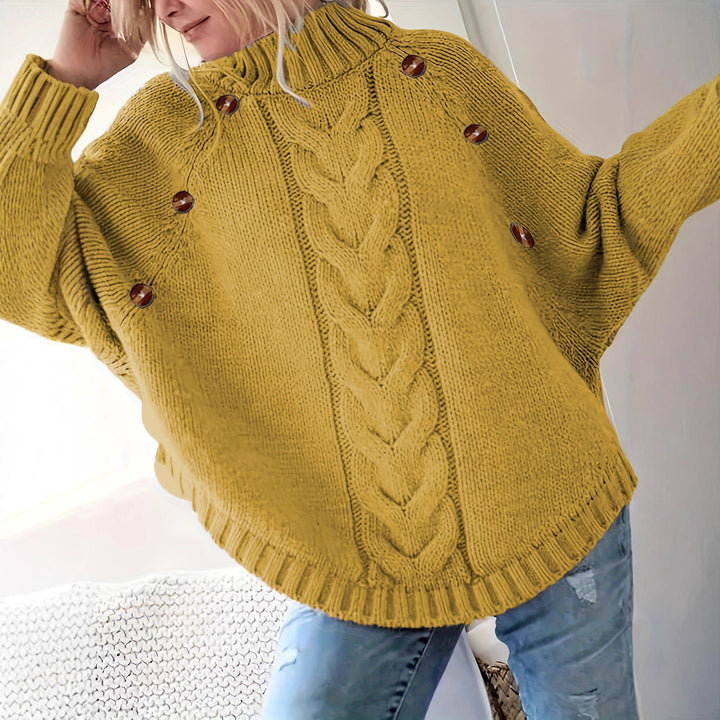Oversized knitted sweater for women with high collar and decorative button details Lune London