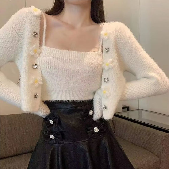 Floral pattern knitted top for women with matching open cardigan Lune London
