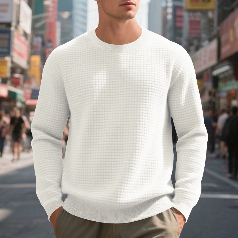 Elegant structured knit sweater for men with a round neck and comfortable feel. Chic and style