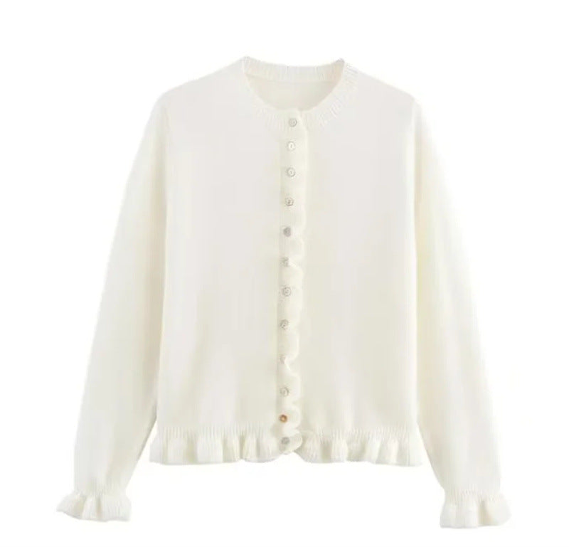 Casual knit jacket for women with ruffle details and a button closure Lune London