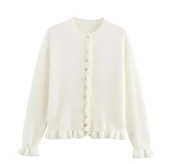 Casual knit jacket for women with ruffle details and a button closure Lune London