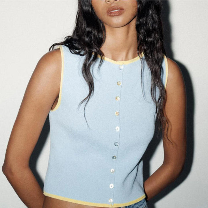 Lune London women's sleeveless knit tank top with decorative button details