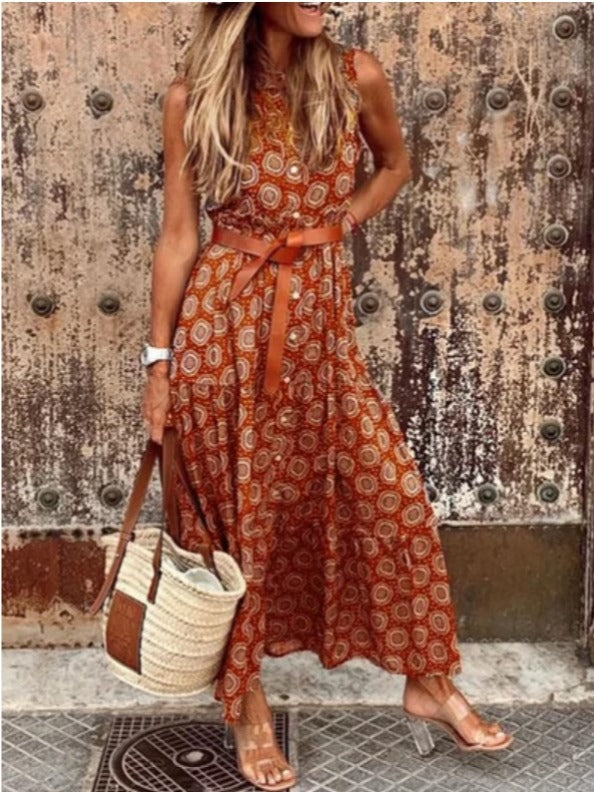 Bohemian maxi dress for women with a waist belt and floral pattern Lune London