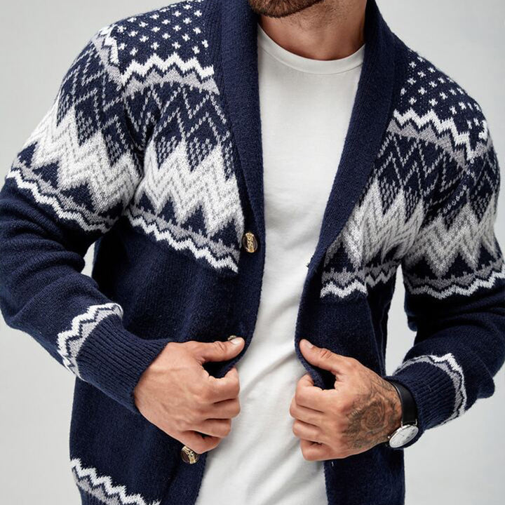 Men's knitted jacket with Nordic pattern and button placket Lune London