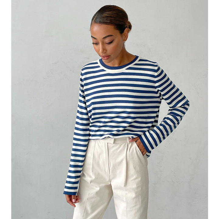 Women long sleeve striped sweater with round neck and loose fit Lune London