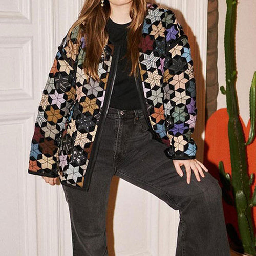 Transitional ladies' jacket with a colorful geometric pattern and practical pockets Lune London