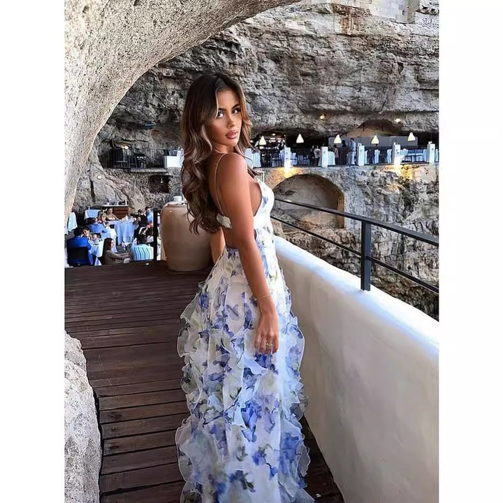 Women’s maxi dress with floral ruffles and flowing hem
