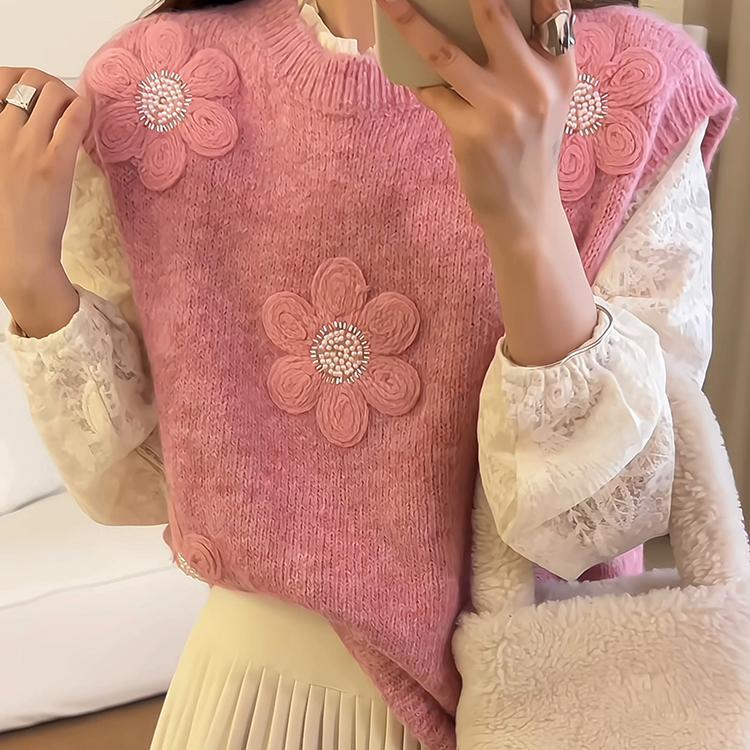 Pull en tricot pour femmes avec des appliqués floraux 3D Chic & Stil