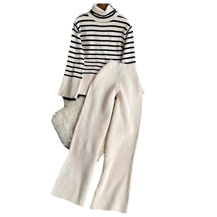Women elegant striped knit set with high collar and wide leg Lune London