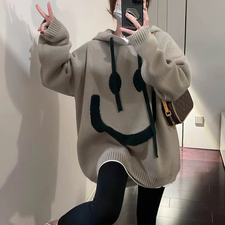 Ladies Oversized Casual Sweater with Smiley Pattern Lune London