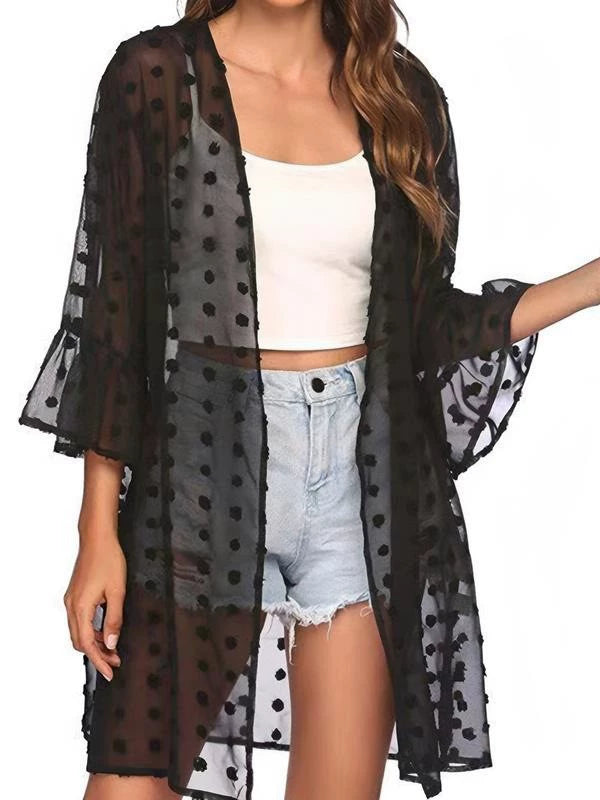 Lune London | Solid Color Thin Jacquard Cardigan with Short Sleeves