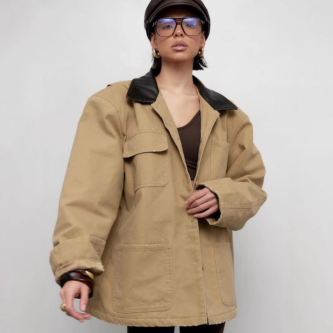 Casual oversized jacket for women with leather collar and practical pockets Lune London