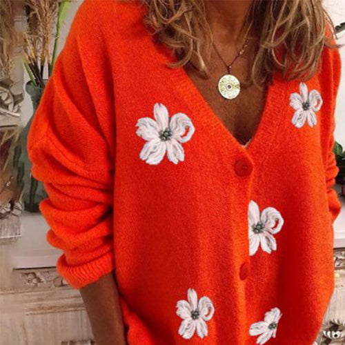 Women Comfortable Knitted Cardigan with Floral Pattern and Continuous Button Placket Lune London