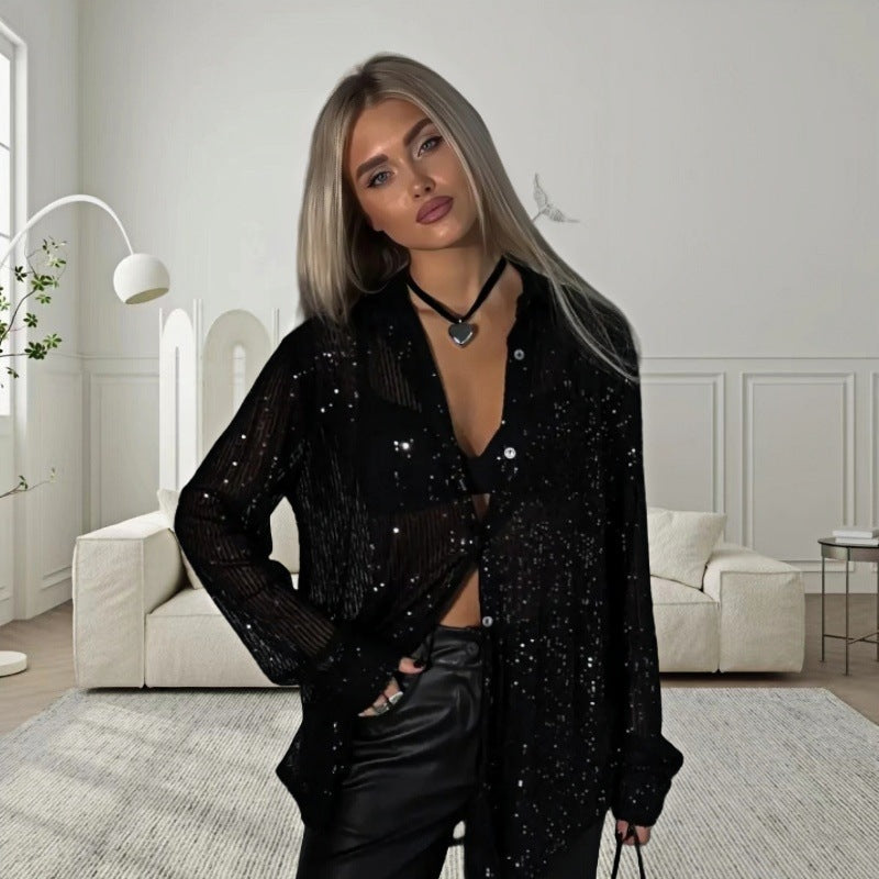 Ladies Glittering Oversized Shirt with Sequins Lune London