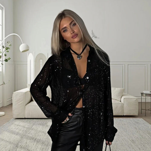 Ladies Glittering Oversized Shirt with Sequins Lune London