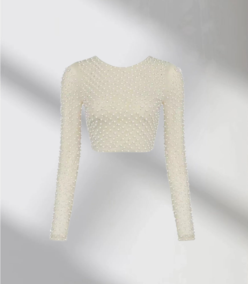 Ladies Elegant Long Sleeve Crop Top with Chic Pearl Trim and Style