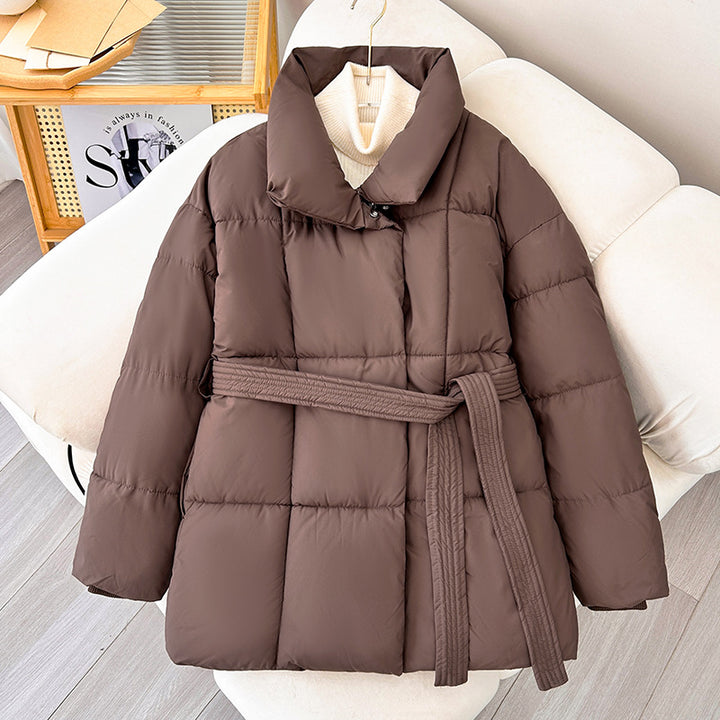 Ladies trendy quilted jacket with belt and high collar Lune London