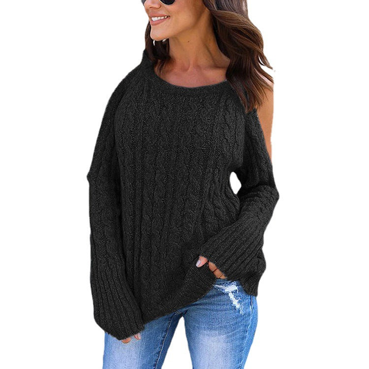 Chunky knit sweater for women with off-shoulder design and cable pattern Lune London